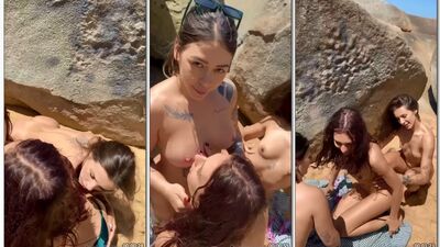 Putaria lesbica ao ar livre Baby Lizz com as amiguinhas na praia deserta se esfregando gostoso