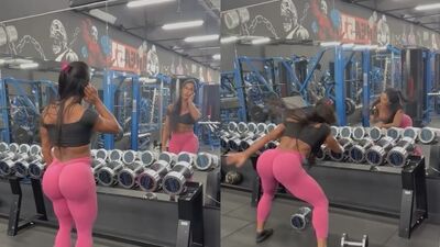 Gracyanne Barbosa dançando funk na academia de calça apertada
