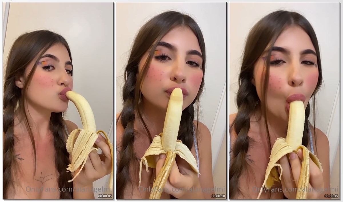 Alana Gelmi garganta profunda engolindo a banana fazendo cara de safada