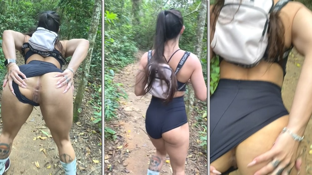 Amirah Daher moreninha safada cheia de vontade de pica arreganha o rabo no meio da trilha pra mostrar o cuzinho