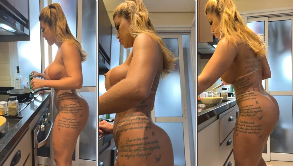 Cris Galera madura  peladinha cozinhando exibindo o rabão e os peitos lindos