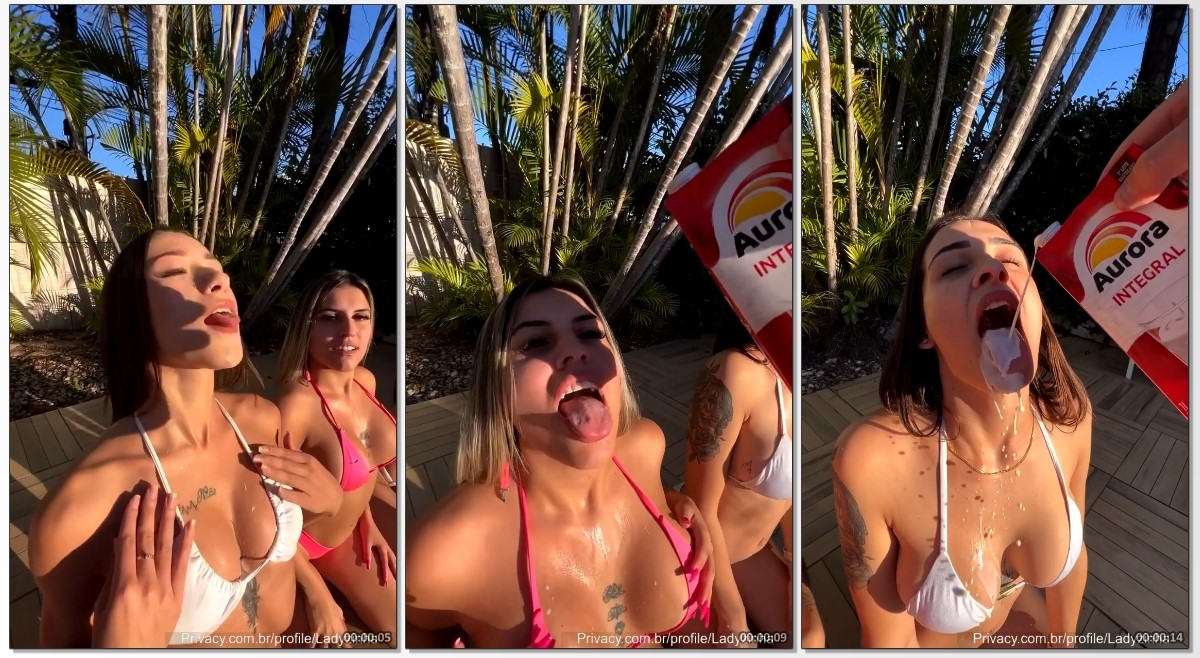 Ladyzinha e amiga usando bikinis bem sexys tomando um banho de leite de forma bem sensual