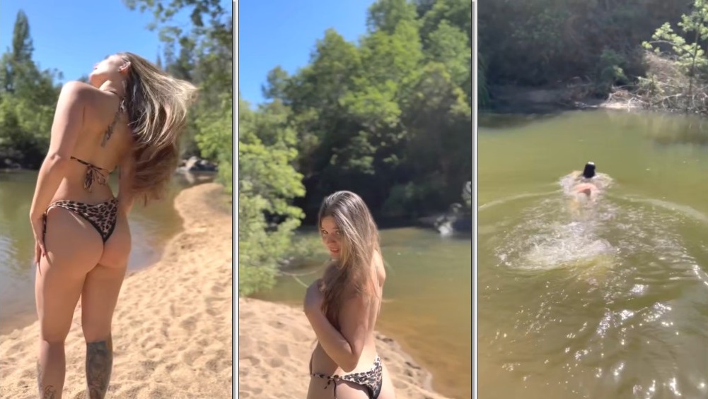 Luz Cervo loirinha gostosa se banhando no lago e sendo filmada