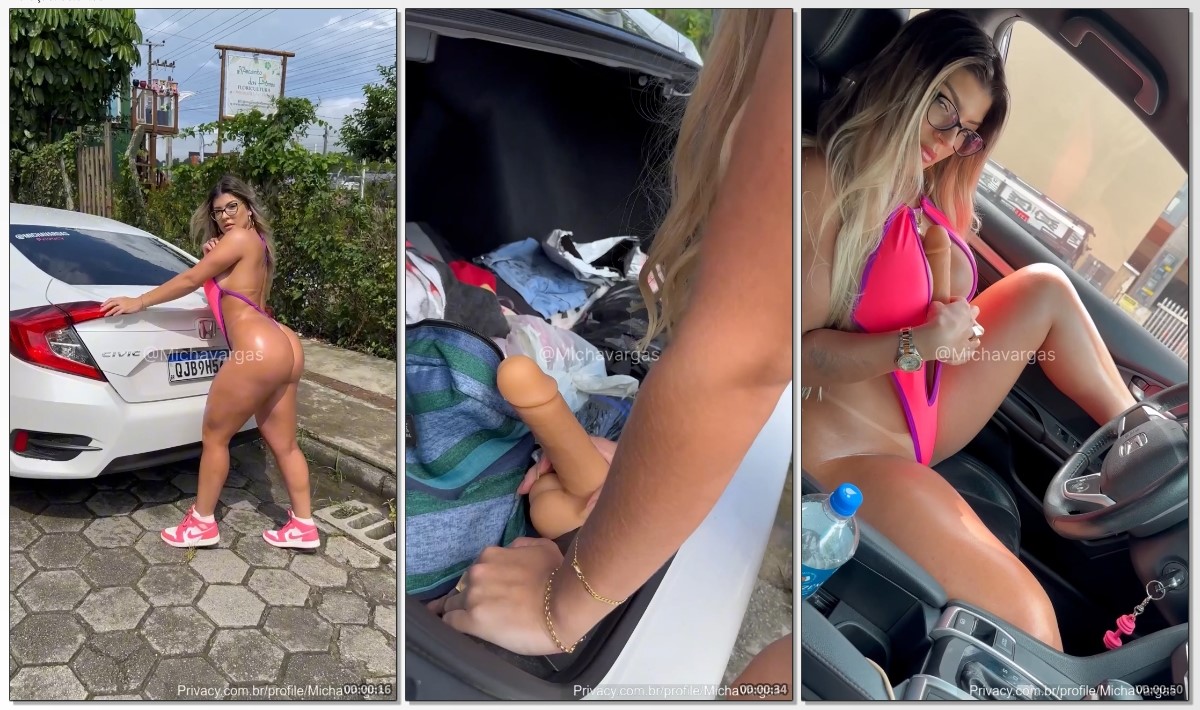 Michaela Vargas Cavalona da bunda grande socando um brinquedo de borracha na sua xoxota dentro do carro