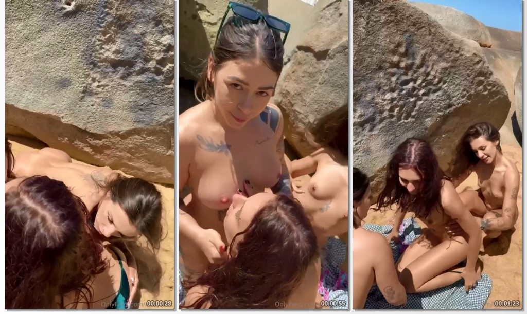 Putaria lesbica ao ar livre Baby Lizz com as amiguinhas na praia deserta se esfregando gostoso