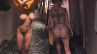 Esposa coroa exibicionista andando nua no corredor do hotel